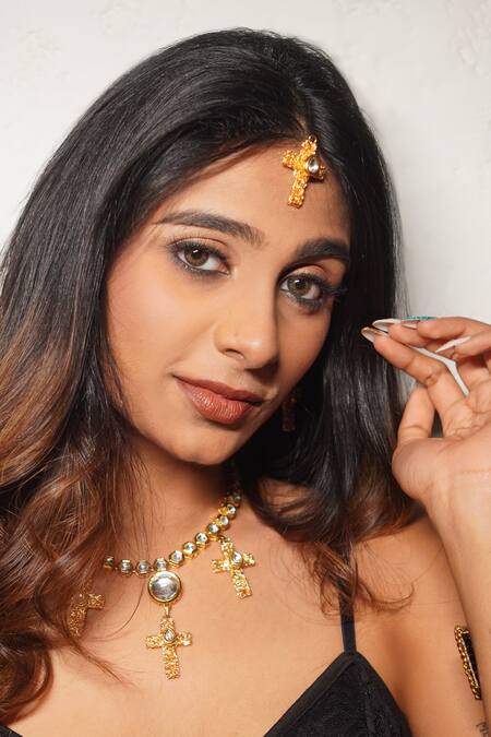 Shop_Rejuvenate Jewels_Gold Plated Kundan Cross Shaped Necklace _Online_at_Aza_Fashions