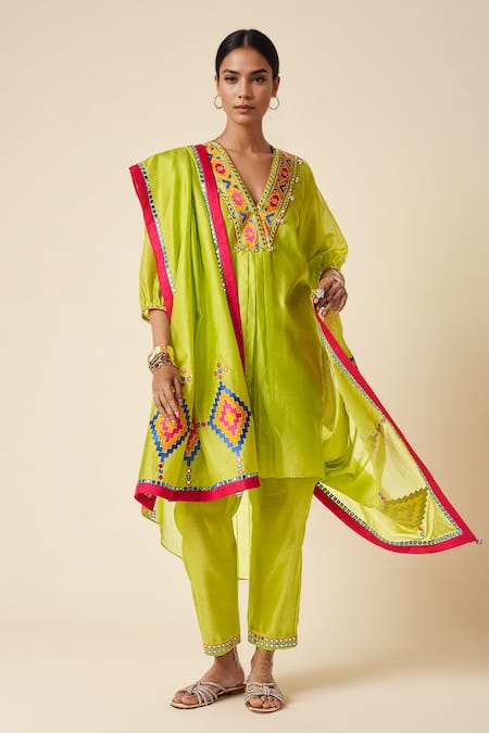 Gulabo by Abu Sandeep Ikat Applique Green Dupatta 