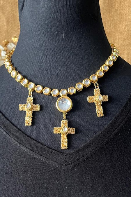Shop Rejuvenate Jewels Gold Plated Kundan Cross Shaped Necklace at Aza Fashions Shop_Rejuvenate Jewels_Gold Plated Kundan Cross Shaped Necklace _at_Aza_Fashions
