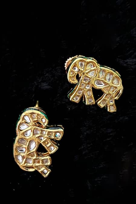 Shop Rejuvenate Jewels Gold Plated Gota Patti Gajraj Elephant Shaped Studs at Aza Fashions Shop_Rejuvenate Jewels_Gold Plated Gota Patti Gajraj Elephant Shaped Studs _at_Aza_Fashions