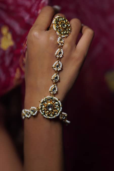 Shop_Rejuvenate Jewels_Gold Plated Kundan Bead Embellished Haathpan _at_Aza_Fashions