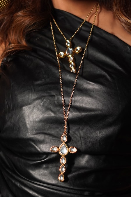 Buy_Rejuvenate Jewels_Gold Plated Embroidery Kundan Long Pendant Necklace _Online_at_Aza_Fashions