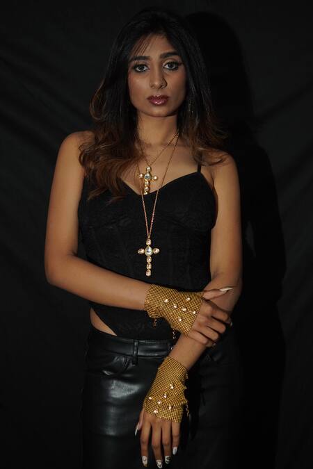 Shop_Rejuvenate Jewels_Gold Plated Embroidery Kundan Long Pendant Necklace _Online_at_Aza_Fashions