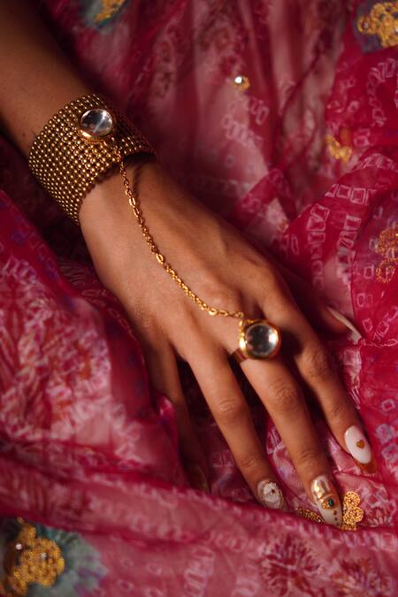 Shop_Rejuvenate Jewels_Gold Plated Stones Mesh Kundan Haathpan _Online_at_Aza_Fashions