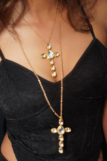 Rejuvenate Jewels_Gold Plated Embroidery Kundan Long Pendant Necklace _at_Aza_Fashions