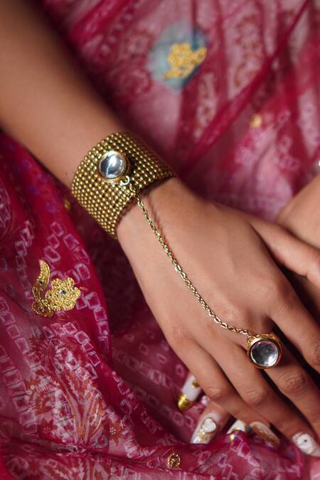 Rejuvenate Jewels_Gold Plated Stones Mesh Kundan Haathpan _at_Aza_Fashions