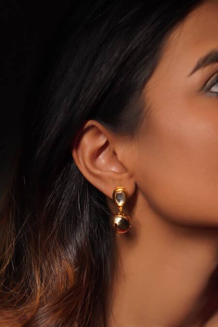 Rejuvenate Jewels_Gold Plated Gota Patti, Studs Kundan Ghungroo Drop Earrings _Online_at_Aza_Fashions
