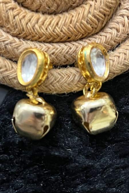 Shop Rejuvenate Jewels Gold Plated Gota Patti, Studs Kundan Ghungroo Drop Earrings at Aza Fashions Shop_Rejuvenate Jewels_Gold Plated Gota Patti, Studs Kundan Ghungroo Drop Earrings _at_Aza_Fashions