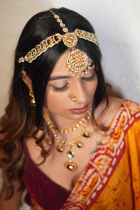 Rejuvenate Jewels_Gold Plated Kundan Bead Embellished Mathapatti _Online_at_Aza_Fashions