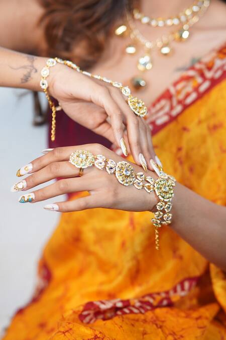 Rejuvenate Jewels_Gold Plated Kundan Bead Embellished Haathpan _Online_at_Aza_Fashions