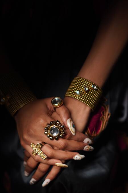 Rejuvenate Jewels_Gold Plated Rhinestones Kundan Cross Shaped Ring _Online_at_Aza_Fashions