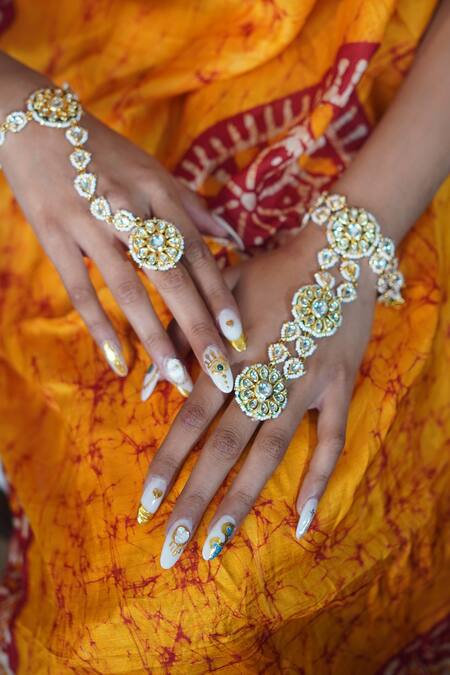 Shop_Rejuvenate Jewels_Gold Plated Kundan Bead Embellished Haathpan _Online_at_Aza_Fashions