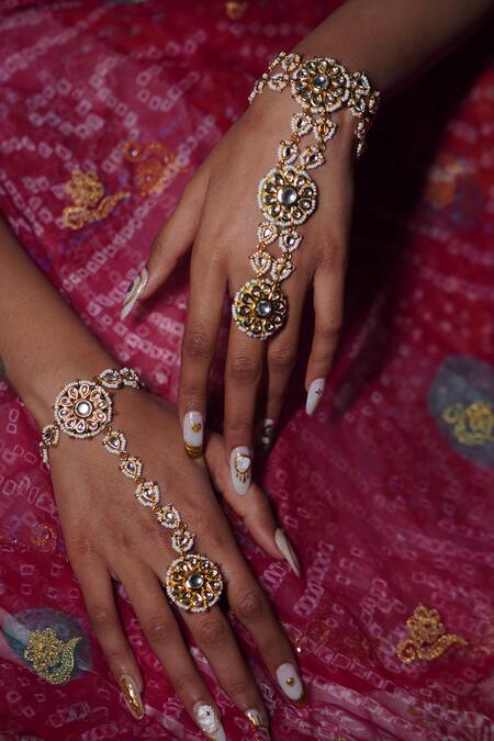 Rejuvenate Jewels_Gold Plated Kundan Bead Embellished Haathpan _at_Aza_Fashions