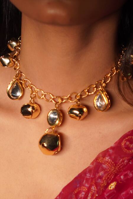 Rejuvenate Jewels Gold Plated Embroidery, Stones Kundan Ghungroo Pendant Necklace Online at Aza Fashions Rejuvenate Jewels_Gold Plated Embroidery, Stones Kundan Ghungroo Pendant Necklace _Online_at_Aza_Fashions