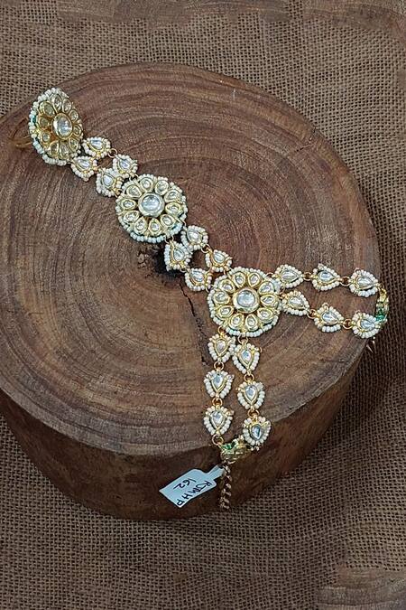 Rejuvenate Jewels Gold Kundan Bead Embellished Haathpan 