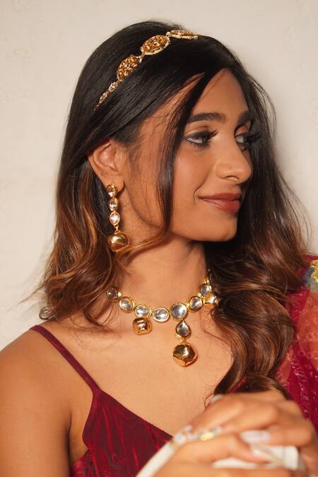 Rejuvenate Jewels_Gold Plated Beads Kundan Studded Headband _Online_at_Aza_Fashions