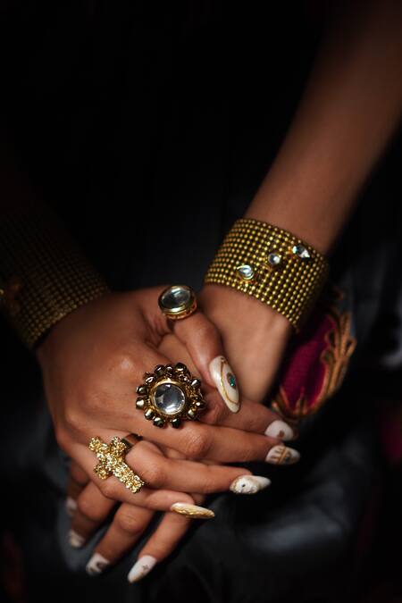 Rejuvenate Jewels_Gold Plated Gota Patti, Stones Kundan Ghungroo Embellished Designer Ring _Online_at_Aza_Fashions