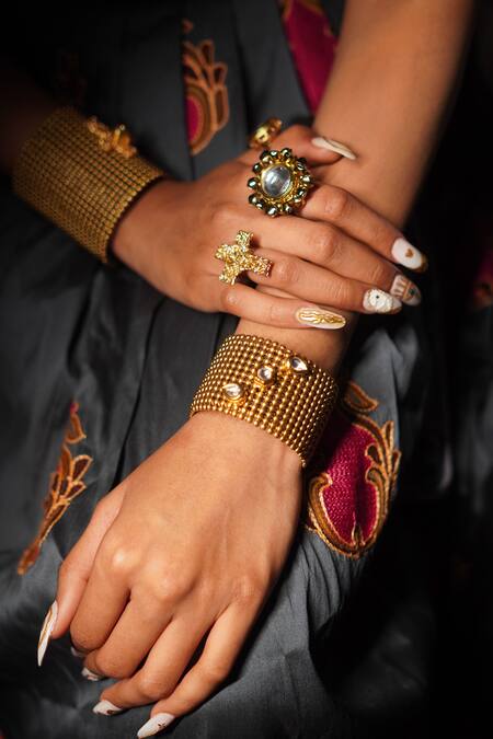 Shop_Rejuvenate Jewels_Gold Plated Gota Patti, Stones Kundan Ghungroo Embellished Designer Ring _Online_at_Aza_Fashions