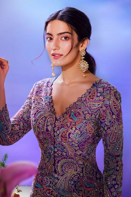 Shop_Mrunalini Rao_Purple Jacket Raw Silk Embroidered Resham V Neck Paisley And Flared Pant 