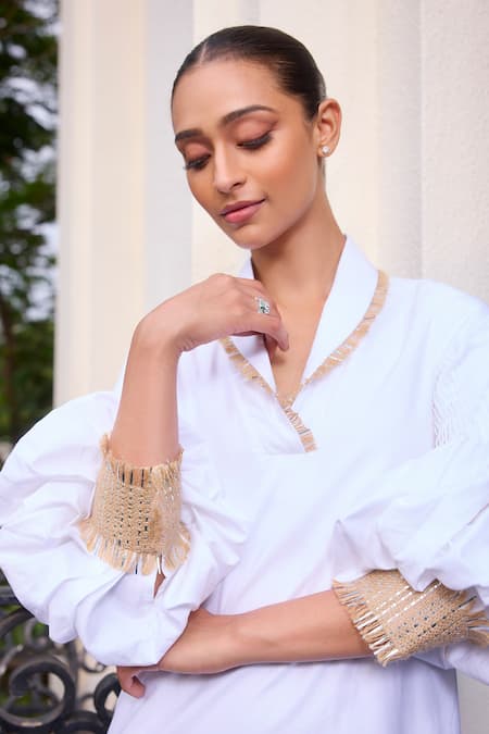 Label Ruhbab_White Cotton Beads Shawl Neck Pintuck Balloon Sleeve Designer Dress _Online_at_Aza_Fashions