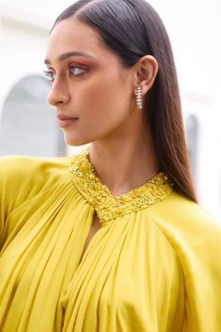 Buy_Label Ruhbab_Yellow Silk, Viscose Crystals, Pearls, Sequins Draped Asymmetric Kurta Set _Online_at_Aza_Fashions