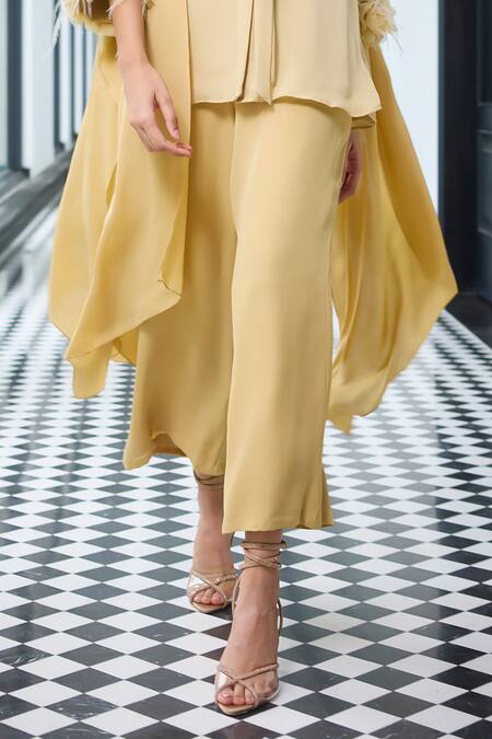Label Ruhbab_Gold Silk, Georgette Feathers 3d Embroidered Draped Cape Shirt And Trouser _Online_at_Aza_Fashions