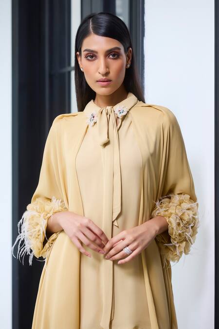 Buy_Label Ruhbab_Gold Silk, Georgette Feathers 3d Embroidered Draped Cape Shirt And Trouser _Online_at_Aza_Fashions