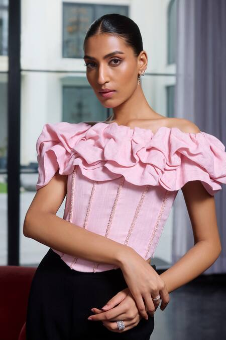 Label Ruhbab_Pink Linen, Viscose Sequins, Beads Off-shoulder Ruffle Off Corset _Online_at_Aza_Fashions