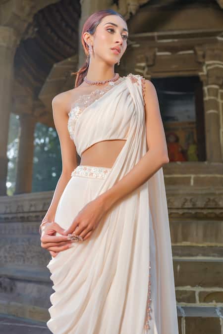 Buy_Tamaraa By Tahani_Pink Tulle, Georgette Beads, Cut Work Embellished Pre-draped Saree Set _Online_at_Aza_Fashions
