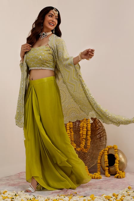 Surkh Syahi_Green Crepe, Chiffon Pearls Open Neck Lime Art Print Cape And Skirt Set _Online_at_Aza_Fashions