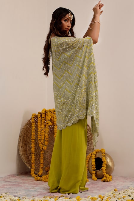 Shop_Surkh Syahi_Green Crepe, Chiffon Pearls Open Neck Lime Art Print Cape And Skirt Set _at_Aza_Fashions