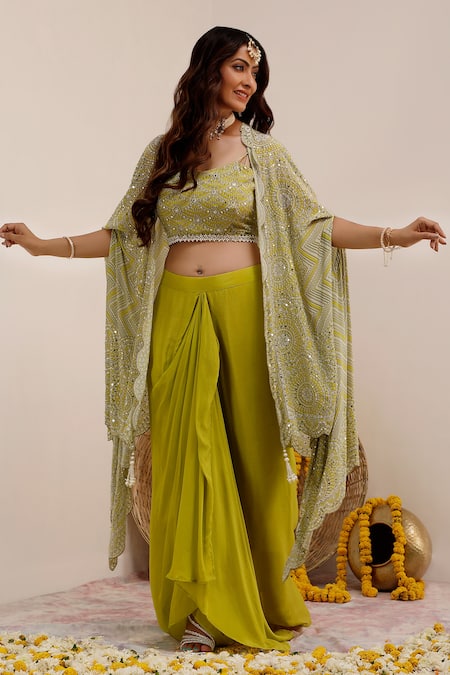 Buy_Surkh Syahi_Green Crepe, Chiffon Pearls Open Neck Lime Art Print Cape And Skirt Set _Online_at_Aza_Fashions
