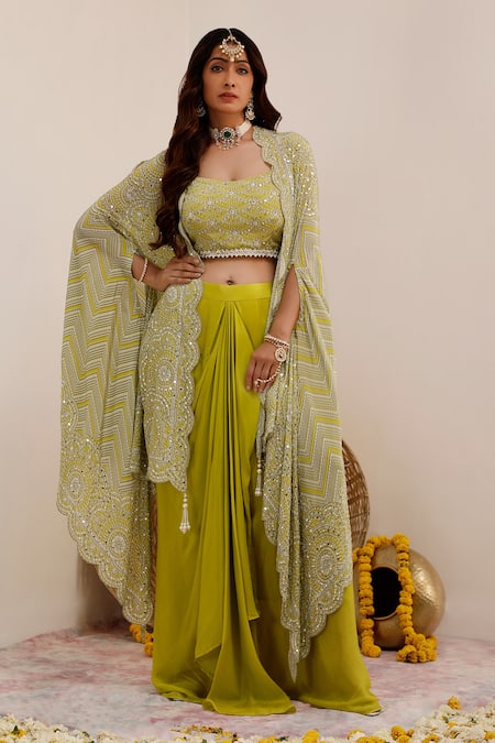 Surkh Syahi Lime Green Pearl Art Print Cape & Skirt Set 