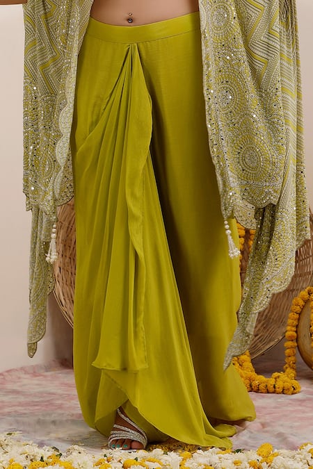 Shop_Surkh Syahi_Green Crepe, Chiffon Pearls Open Neck Lime Art Print Cape And Skirt Set _Online_at_Aza_Fashions
