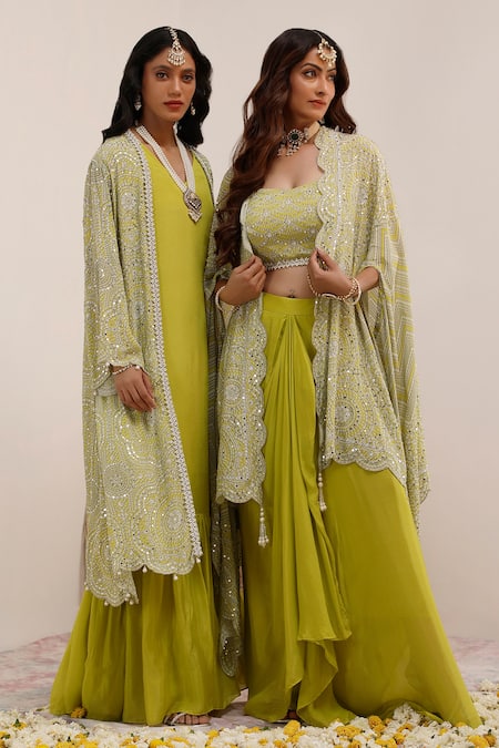 Surkh Syahi_Green Crepe, Chiffon Pearls Open Neck Lime Art Print Cape And Skirt Set _at_Aza_Fashions