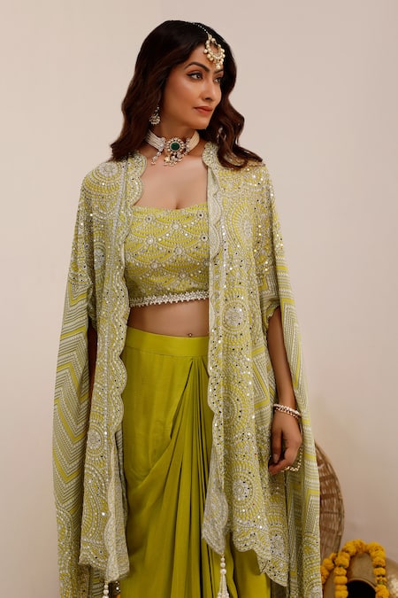 Buy_Surkh Syahi_Green Crepe, Chiffon Pearls Open Neck Lime Art Print Cape And Skirt Set 
