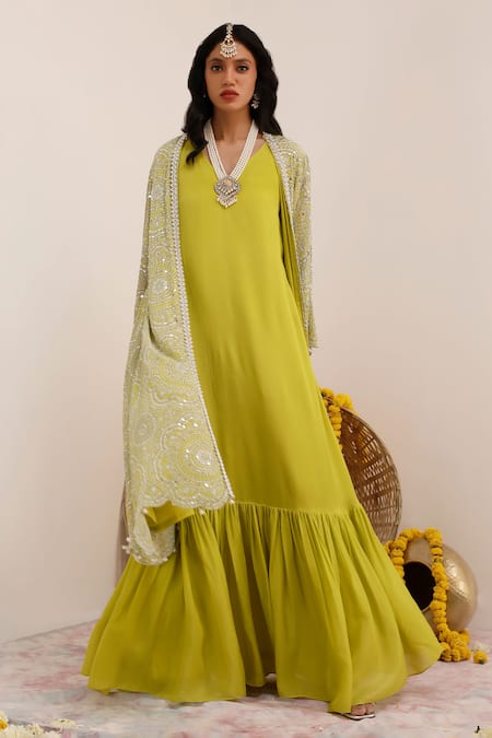 Surkh Syahi_Green Crepe, Chiffon Pearls, Sequins V-neck, Art Print Long Jacket And Inner Dress _Online_at_Aza_Fashions