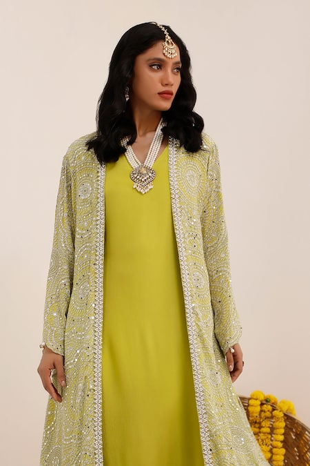 Buy_Surkh Syahi_Green Crepe, Chiffon Pearls, Sequins V-neck, Art Print Long Jacket And Inner Dress _Online_at_Aza_Fashions