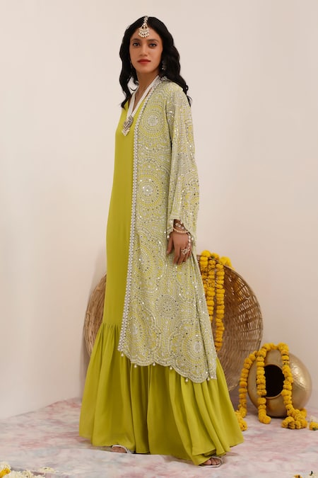 Shop_Surkh Syahi_Green Crepe, Chiffon Pearls, Sequins V-neck, Art Print Long Jacket And Inner Dress _Online_at_Aza_Fashions