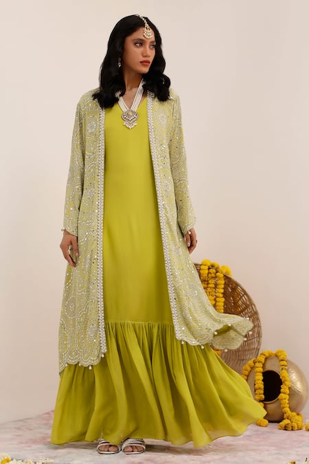 Surkh Syahi Pearl Art Print Long Jacket & Inner Dress 