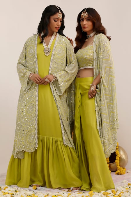 Surkh Syahi_Green Crepe, Chiffon Pearls, Sequins V-neck, Art Print Long Jacket And Inner Dress _at_Aza_Fashions