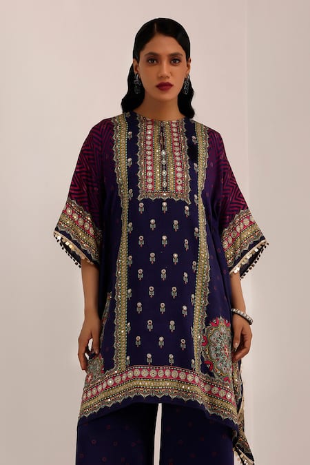 Surkh Syahi Blue Cotton, Silk Sequins Collared Indigo Purple Mandala Art Kaftan Set Online at Aza Fashions Surkh Syahi_Blue Cotton, Silk Sequins Collared Indigo Purple Mandala Art Kaftan Set _Online_at_Aza_Fashions