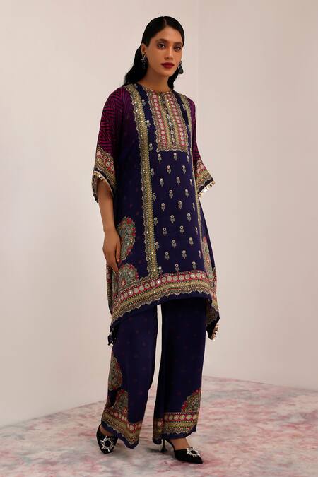 Buy_Surkh Syahi_Blue Cotton, Silk Sequins Collared Indigo Purple Mandala Art Kaftan Set _Online_at_Aza_Fashions