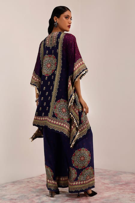 Shop_Surkh Syahi_Blue Cotton, Silk Sequins Collared Indigo Purple Mandala Art Kaftan Set _at_Aza_Fashions