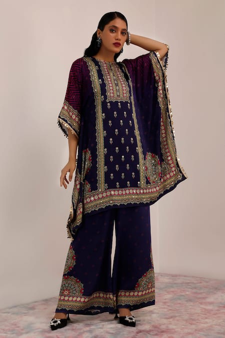 Shop_Surkh Syahi_Blue Cotton, Silk Sequins Collared Indigo Purple Mandala Art Kaftan Set _Online_at_Aza_Fashions