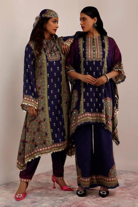 Buy_Surkh Syahi_Blue Cotton, Silk Sequins Collared Indigo Purple Mandala Art Kaftan Set 