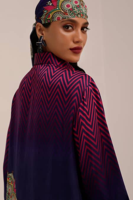 Surkh Syahi_Blue Cotton, Silk Sequins Collared Mandala Art Print Tunic And Chevron Palazzo Set _Online_at_Aza_Fashions