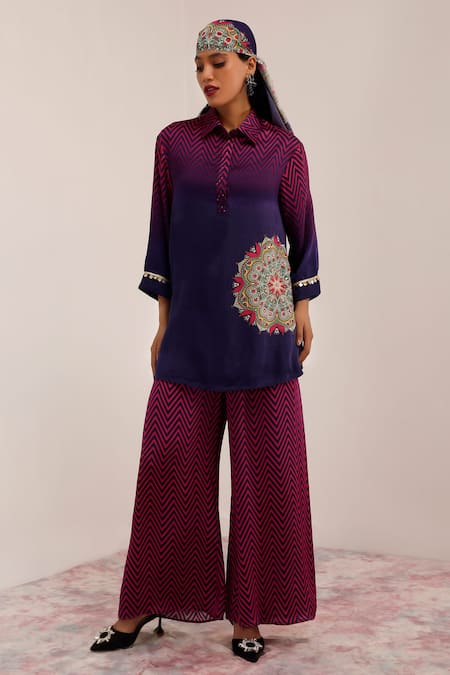 Surkh Syahi Mandala Art Print Tunic & Chevron Palazzo Set 