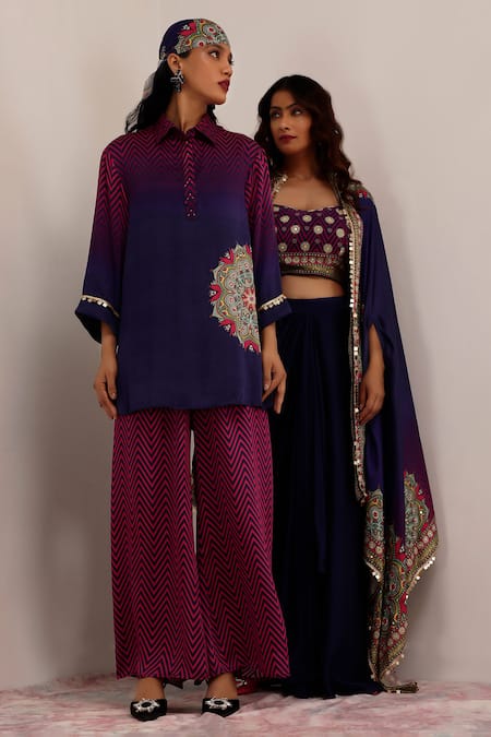 Shop_Surkh Syahi_Blue Cotton, Silk Sequins Collared Mandala Art Print Tunic And Chevron Palazzo Set _Online_at_Aza_Fashions