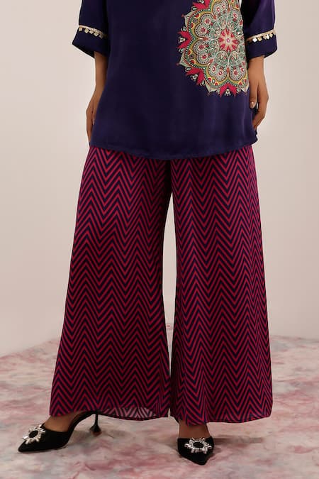 Surkh Syahi_Blue Cotton, Silk Sequins Collared Mandala Art Print Tunic And Chevron Palazzo Set _at_Aza_Fashions